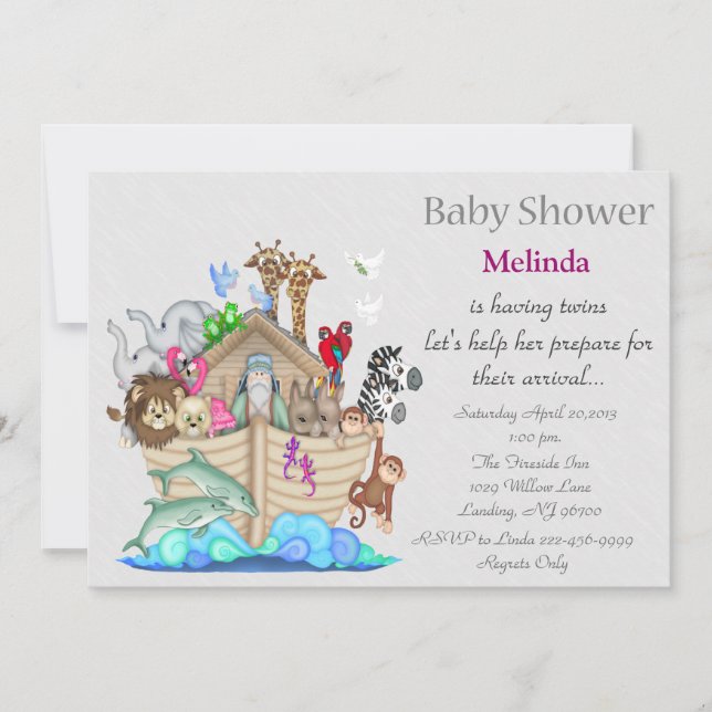 Noah's Ark Twins Baby Shower Invitation (Front)