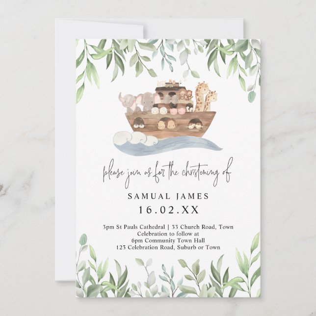 Noah's Ark Watercolor Animals Greenery Christening Invitation (Front)