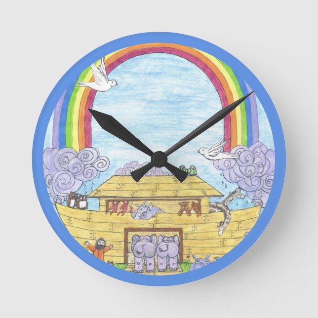 Noah's Ark  Watercolor Rainbow Animal Elephant Round Clock (Front)