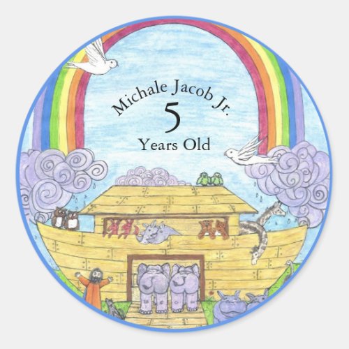 Noahs Ark Watercolor Rainbow Funny Elephant Classic Round Sticker