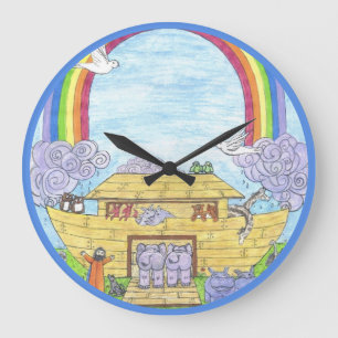 Noah's Ark Watercolor Rainbow Funny Elephant Large Clock