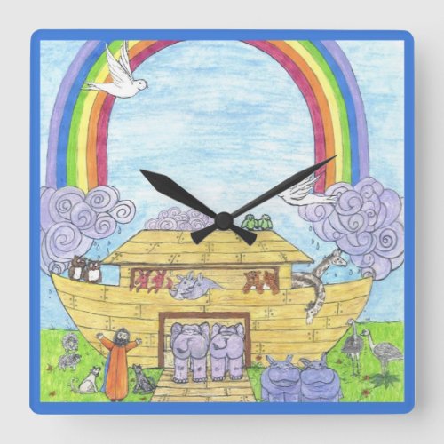 Noahs Ark Watercolor Rainbow Funny Elephant  Square Wall Clock