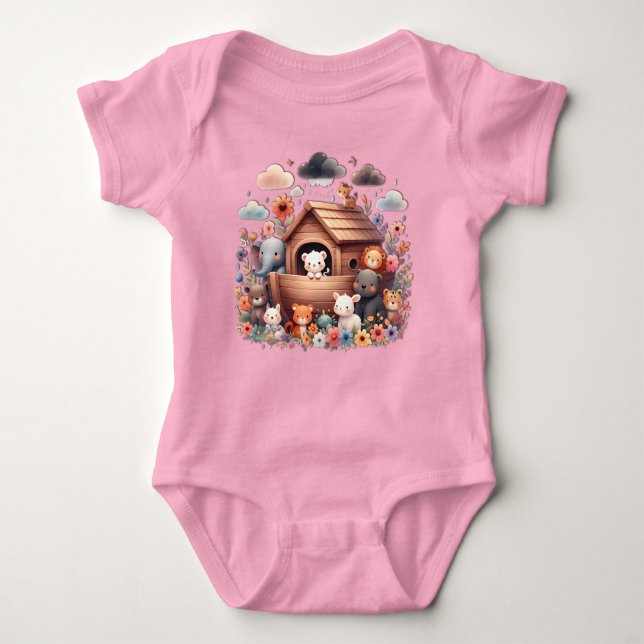 Noah's Ark With Baby Animals Baby Bodysuit (Front)