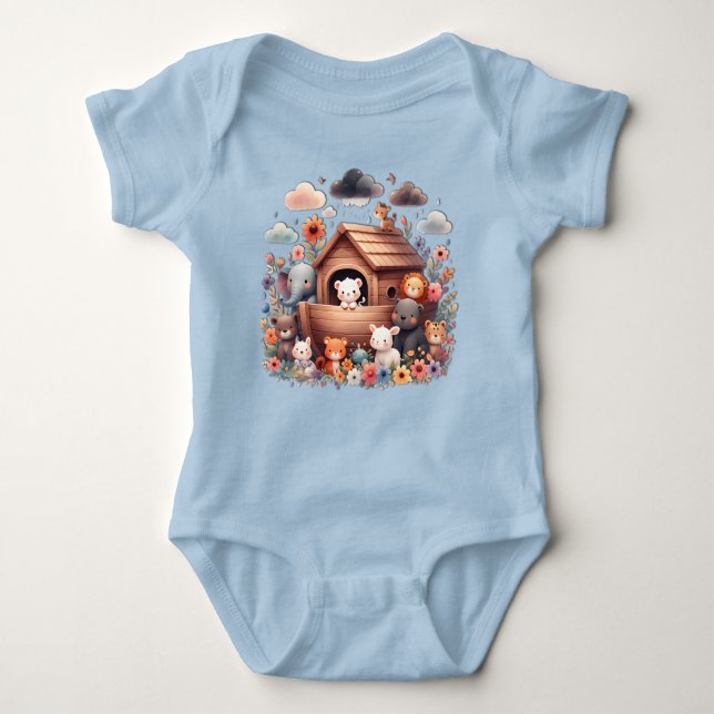 Noah's Ark With Baby Animals Baby Bodysuit (Front)