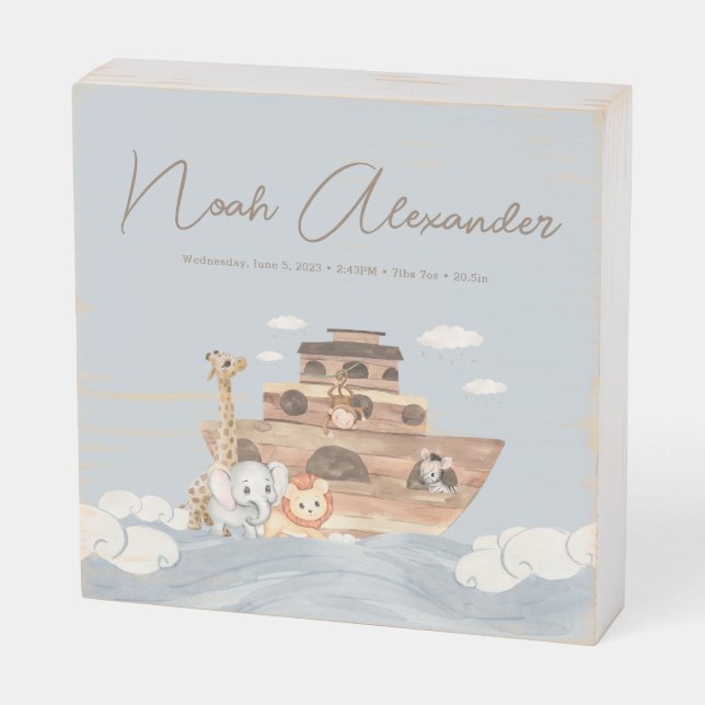 Noah's Ark Wooden Box Sign Keepsake Birth Stats (Angled Horizontal)