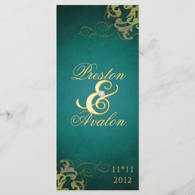 Nobel Teal Scroll Gold  Wedding Program (Front)