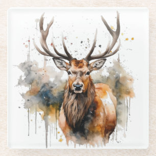 Noble Antlers: Woodland Elk Watercolor Art Glass Coaster