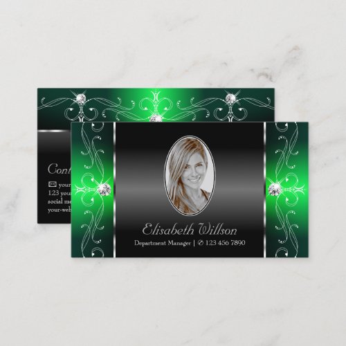Noble Black and Green Squiggled Jewels with Photo Business Card