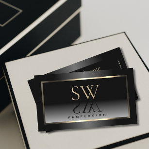 Noble Black and White Gradient Gold Frame Monogram Business Card