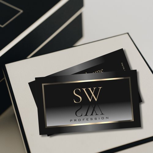 Noble Black and White Gradient Gold Frame Monogram Business Card