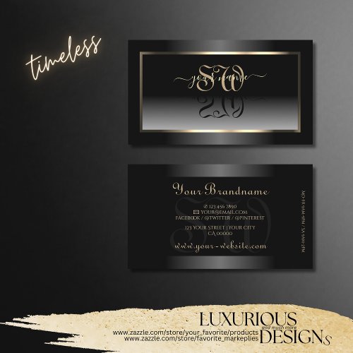 Noble Black and White Gradient Initials Light Gold Business Card