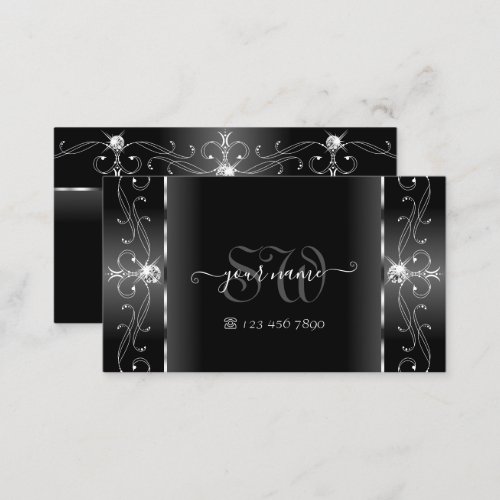 Noble Black and White Squiggled Jewels Monogram Business Card