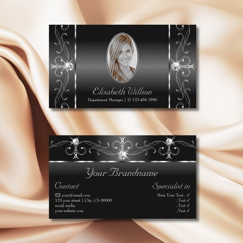Noble Black and White Squiggled Jewels with Photo Business Card