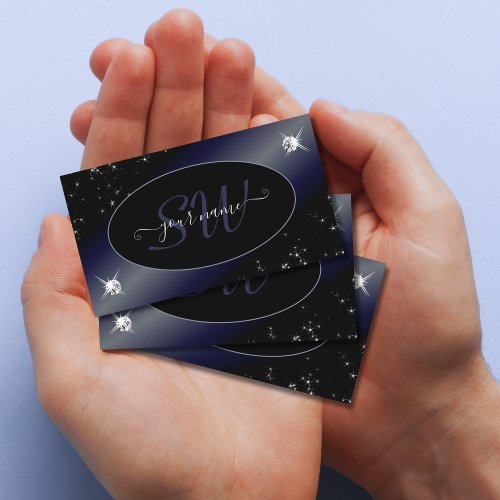 Noble Black Blue Glitter Stars Diamonds Initials Business Card