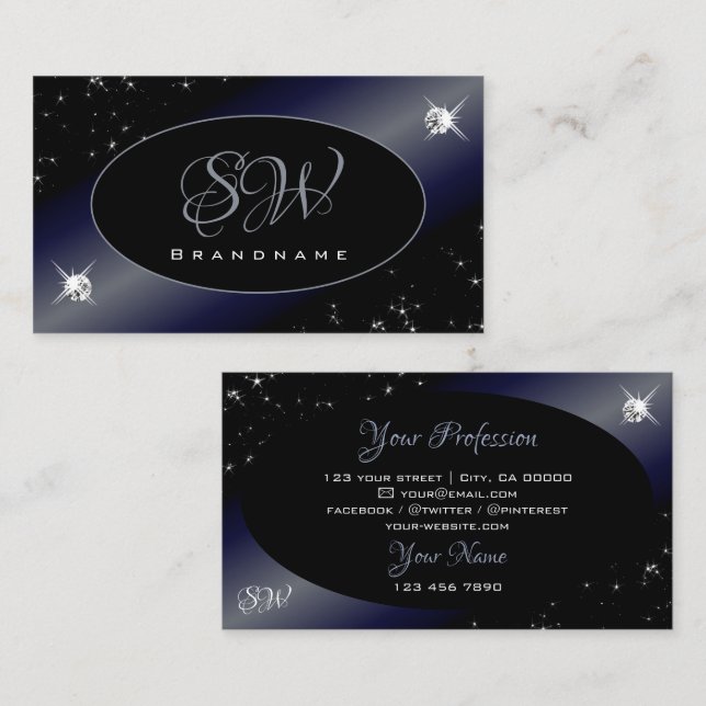 Noble Black Blue Glitter Stars Diamonds Monogram Business Card (Front/Back)