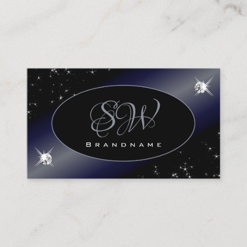 Noble Black Blue Glitter Stars Diamonds Monogram Business Card