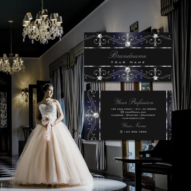 Noble Black Blue Ornate Borders Diamonds Ornaments Business Card (Creator Uploaded)