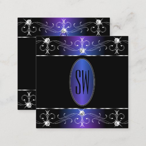 Noble Black Blue Purple Ornate Ornaments Initials Square Business Card