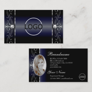 Noble Black Blue White Squiggled Jewels Logo Photo Business Card