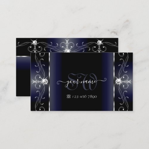 Noble Black Blue White Squiggled Jewels Monogram Business Card