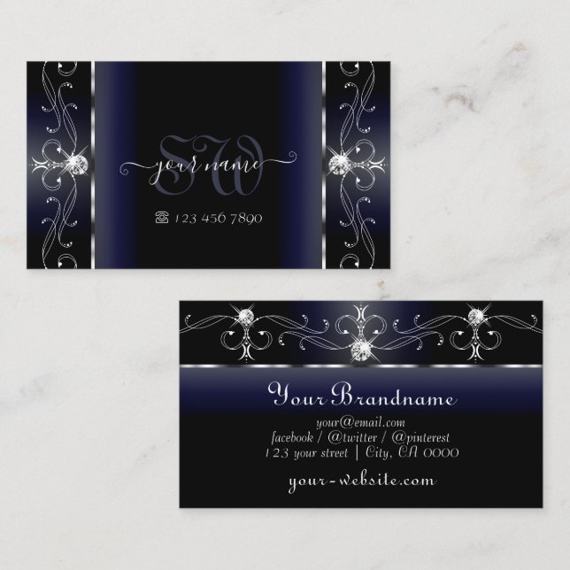 Noble Black Blue White Squiggled Jewels Monogram Business Card (Front/Back)