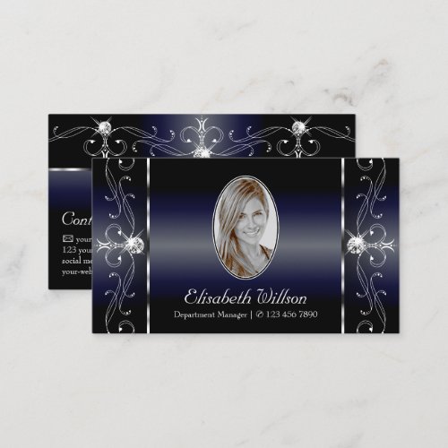 Noble Black Blue White Squiggled Jewels with Photo Business Card