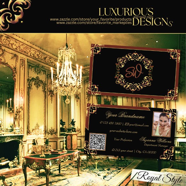 Noble Black Brown Gold Monogram Photo QR Code Business Card (Creator Uploaded)