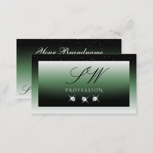 Noble Black Green Ombre Sparkle Diamonds Monogram Business Card