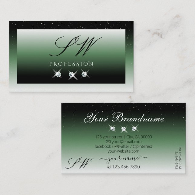Noble Black Green Ombre Sparkle Diamonds Monogram Business Card (Front/Back)