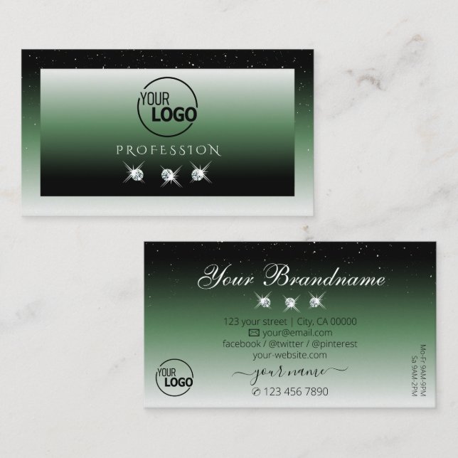 Noble Black Green Ombre Sparkle Diamonds with Logo Business Card (Front/Back)