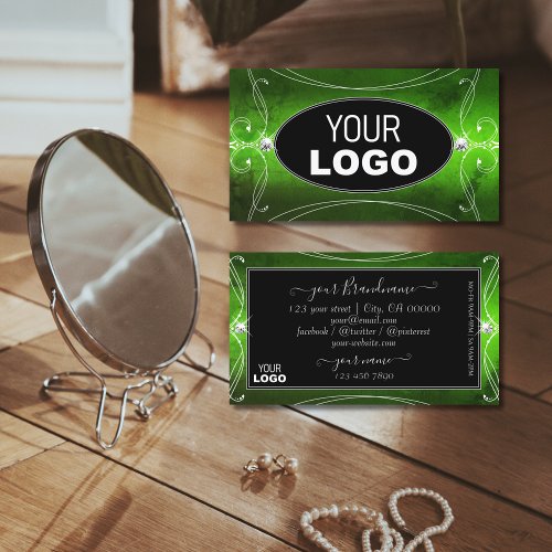 Noble Black Green Ornate Sparkle Diamonds Add Logo Business Card