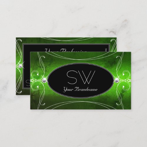 Noble Black Green Ornate Sparkle Diamonds Initials Business Card