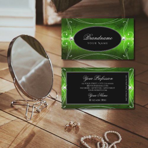 Noble Black Green Ornate Sparkle Diamonds Luxury Business Card
