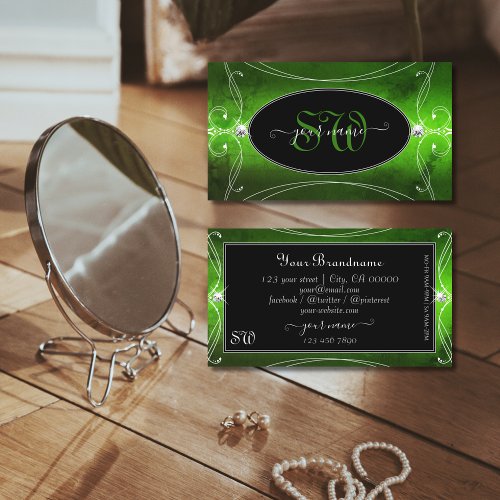 Noble Black Green Ornate Sparkle Diamonds Monogram Business Card