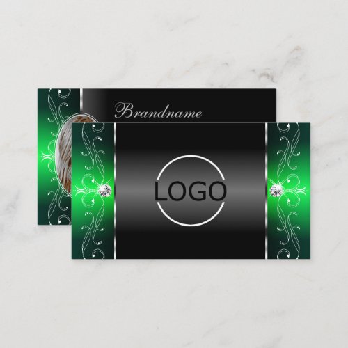 Noble Black Green Squiggled Jewels Logo and Photo Business Card