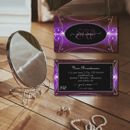 Noble Black Purple Ornate Sparkle Jewels Monogram Business Card