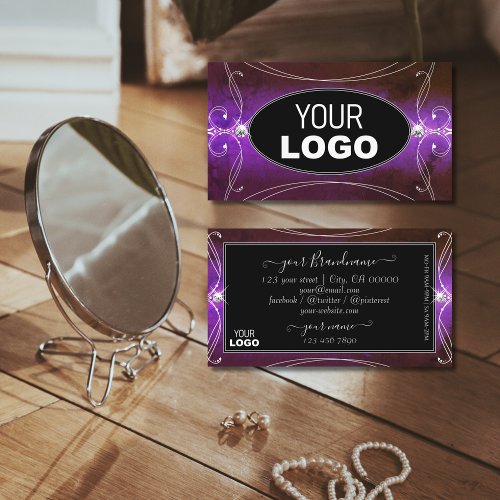 Noble Black Purple Ornate Sparkle Jewels with Logo Business Card