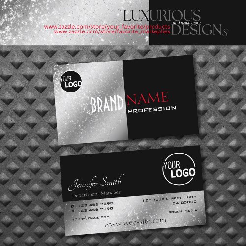 Noble Black Red Silver Glittery Stars and Logo Business Card