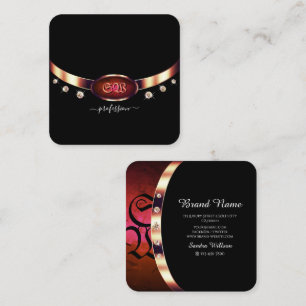 Noble Black Rose Gold and Red Marble with Monogram Square Business Card
