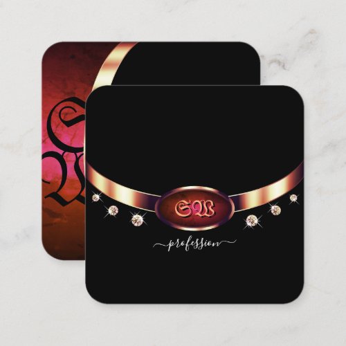 Noble Black Rose Gold and Red Marble with Monogram Square Business Card