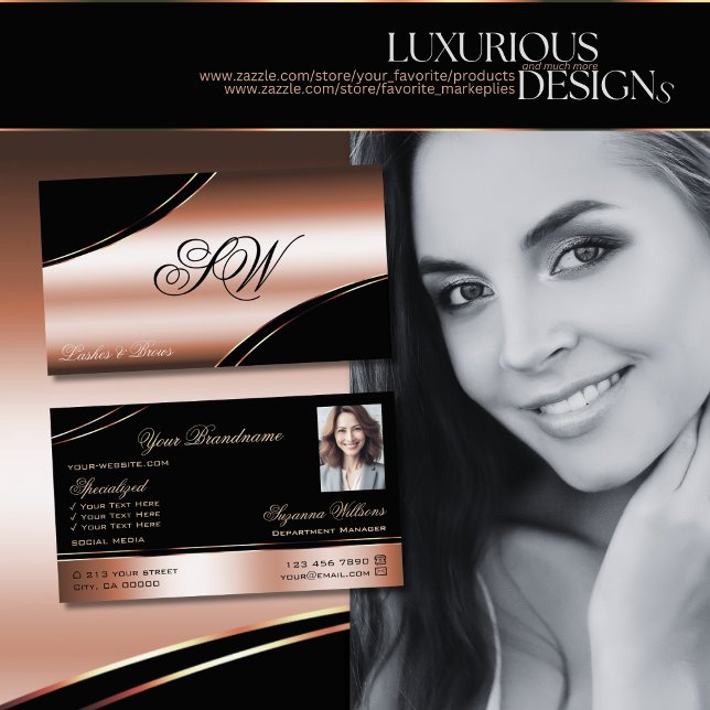 Noble Black Rose Gold Curved Lines Monogram Photo Business Card (Creator Uploaded)