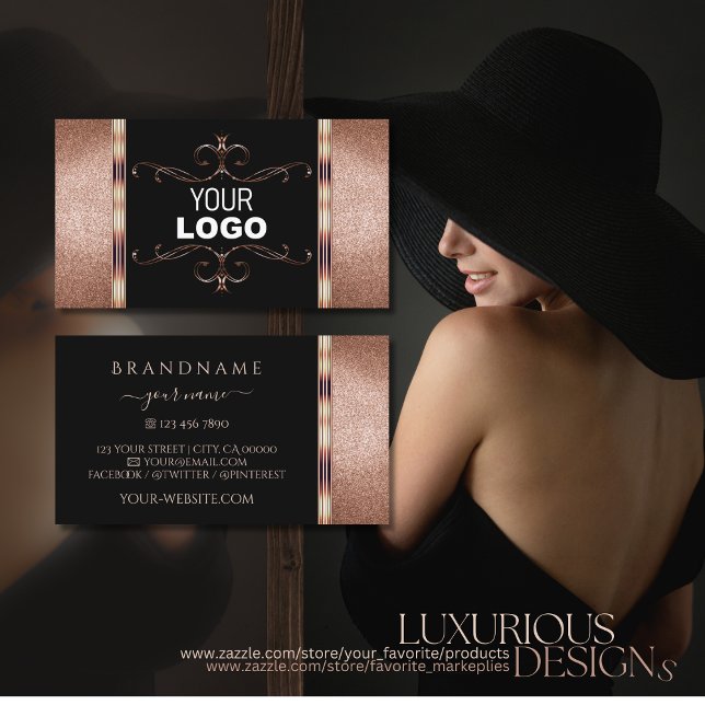 Noble Black Rose Gold Glitter Ornamental with Logo Business Card (Creator Uploaded)