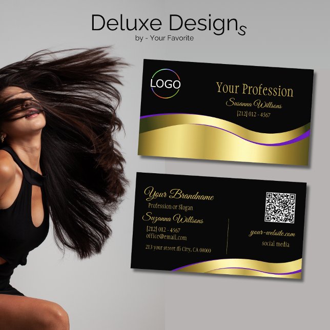 Noble Black Wavy Gold Decor with Logo QR Code Business Card (Creator Uploaded)