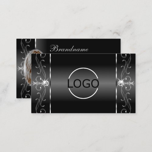 Noble Black White Squiggled Jewels Logo and Photo Business Card
