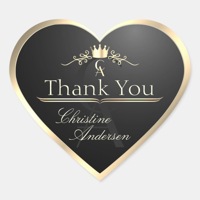 Noble Black with Gold Frame and Monogram Thank You Heart Sticker (Front)