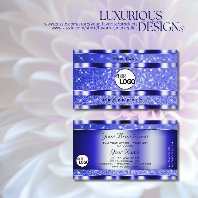 Noble Blue Luminous Glitter Sparkle Stars and Logo Business Card (Creator Uploaded)