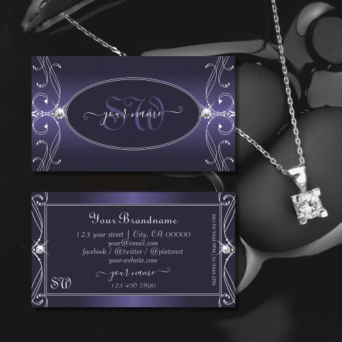 Noble Blue Ombre Ornate Sparkle Diamonds Initials Business Card