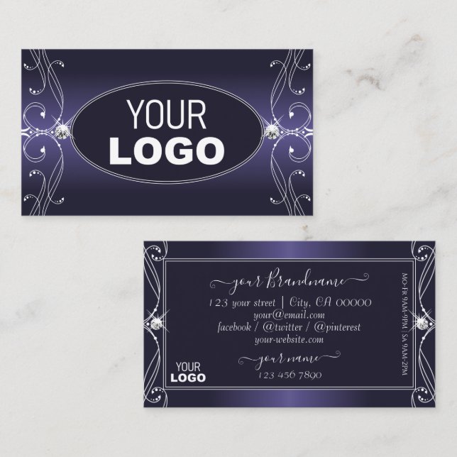 Noble Blue Ombre Ornate Sparkle Diamonds with Logo Business Card (Front/Back)