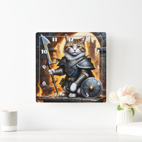 Noble Cat in Armor Holding Sword and Shield Square Wall Clock