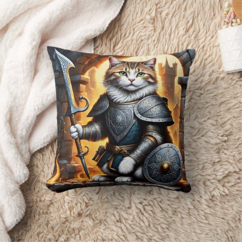 Noble Cat in Armor Holding Sword and Shield Throw Pillow